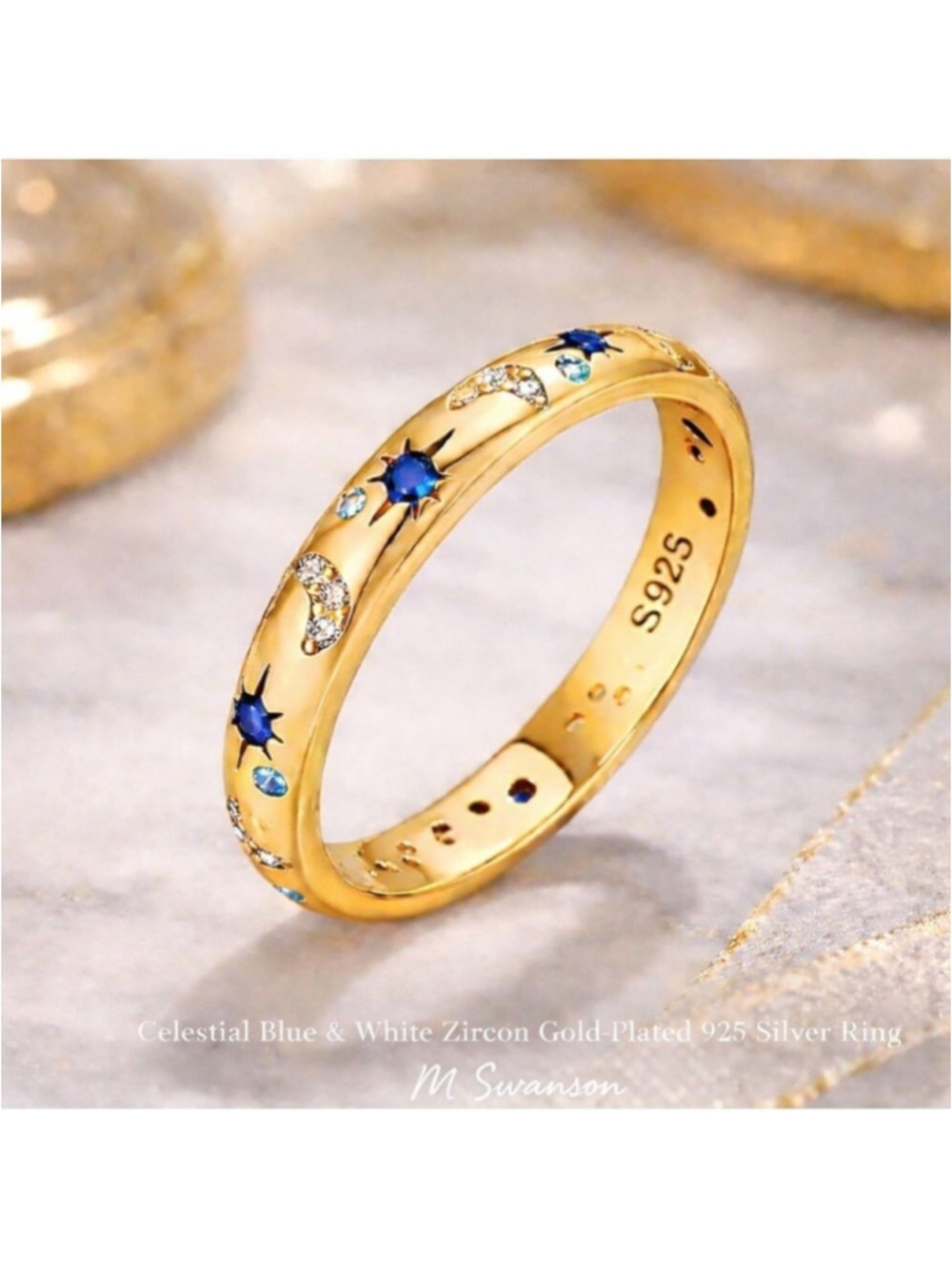 NEW Celestial Blue & White Zircon Gold-Plated 925 Silver Ring Sizes 6, 7, 9 NWT
